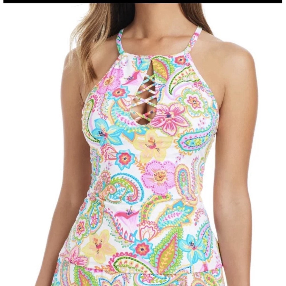 Bleu Rod Beattie High Neck‎ Tankini Top White Floral